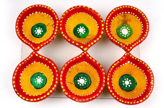 Fancy Painted Mud Diyas - Set of 6