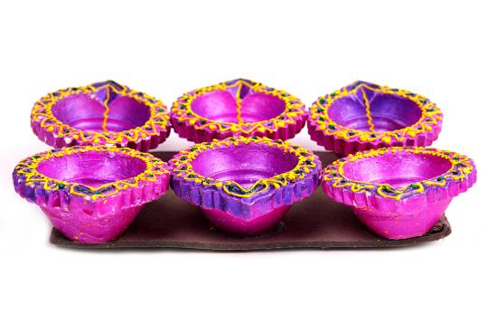 Purple Colour Painted Diwali Earthen Diyas - Set of 6