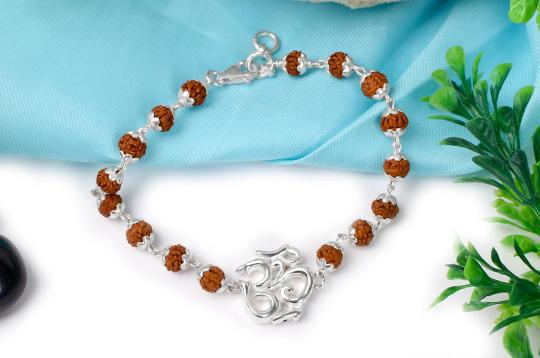 Om  Bracelet in pure silver with Rudraksha beads - I