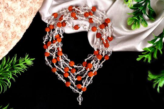 Rudraksha and Sphatik mala in silver with knots
