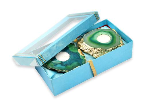 Diwali Decorated Agate Gemstone Diya with wax candle (Set Of 2)