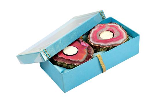 Traditional Agate Gemstone Diya with wax candle (Set Of 2)