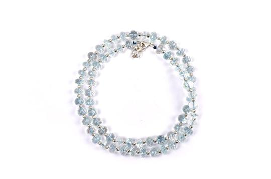 Aquamarine button shape mala with silver balls - Faceted beads
