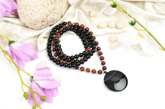 Black Agate and Red Sandal Beads Mala