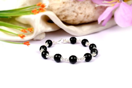 Black agate faceted bracelet in pure silver flower caps - 10mm