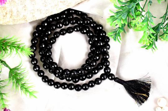 Black Agate faceted round mala - 10 mm