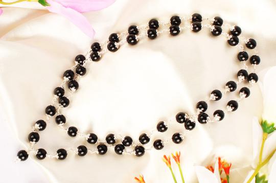 Black Agate mala in pure silver flower caps