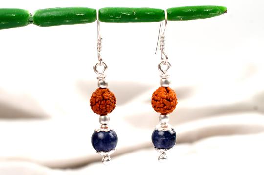 Round Blue Sapphire Earings With Rudraksha