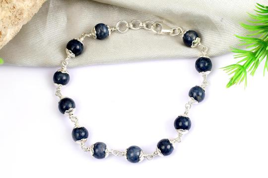 Round Blue Sapphire Bracelet with Flower Sterling Silver Capping