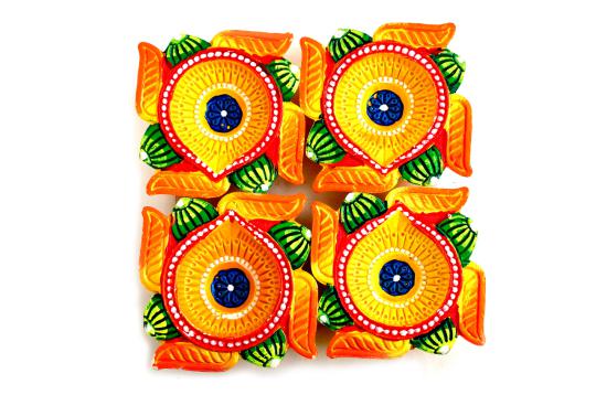 Decorative Earthern lamps - Set of 4 -  Swastik Design