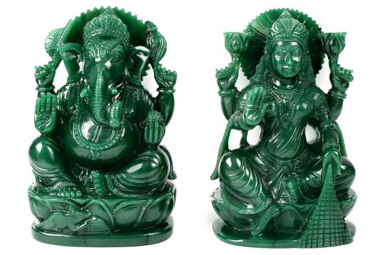 Divine Pair of Ganesh Laxmi in Columbian Green Jade