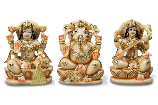 Exotic Laxmi Ganesh Sarawati Idols in Ivory Yellow Jade