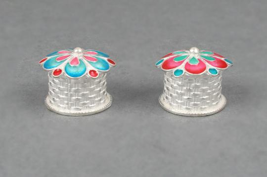 Florally Designed Haldi Kumkum Container in Silver - Set of 2