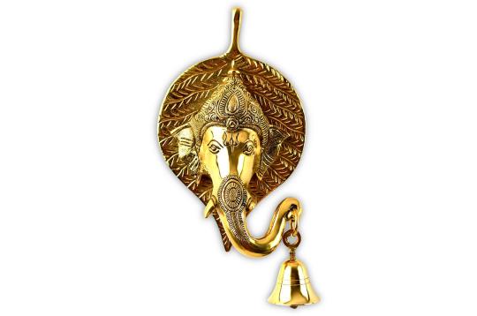 Ganesha Face in leaf with Bell Hanging - Wall Artifact