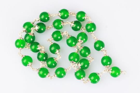 Green agate round mala in silver
