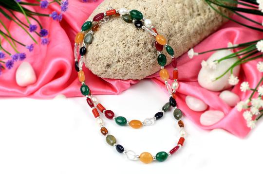 Navratna mala with silver beads