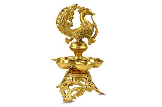 Peacock on Flower Brass Diya - Big