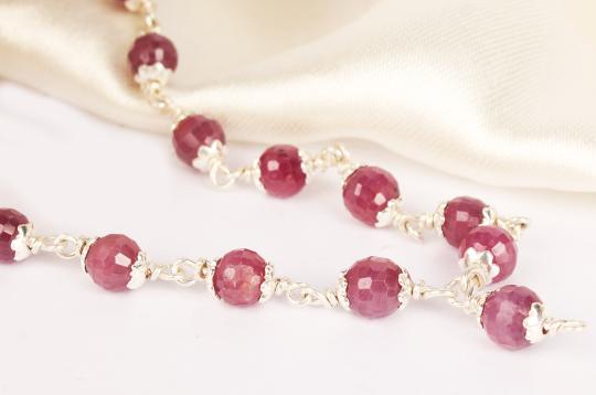 Ruby Faceted Mala in Pure Silver Flower Caps - 6 mm