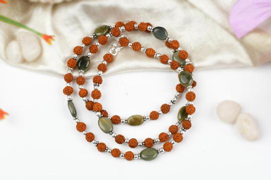 Rudraksha and Cats eye mala with silver spacers and balls