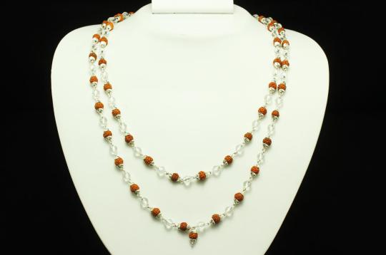 Rudraksha and Sphatik mala in silver designer caps