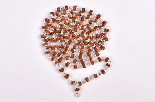 Rudraksha mala in silver wire with flower caps