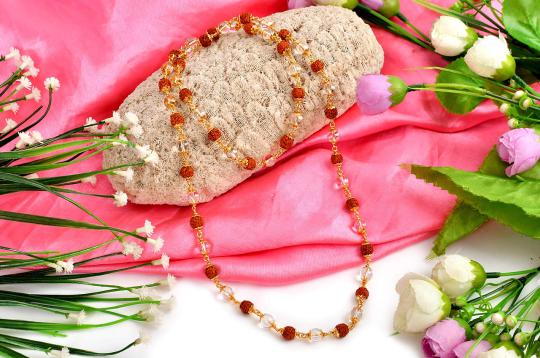 Sphatik and Rudraksha Mala in copper gold polish