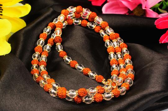 Sphatik diamond cut  and  Rudraksha  mala in thread with gold polished flower spacers