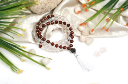 White Agate and Red Sandalwood beads Mala