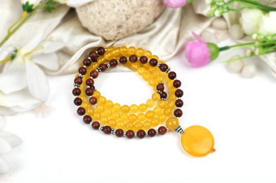 Yellow Jade and Red Sandal Beads Mala