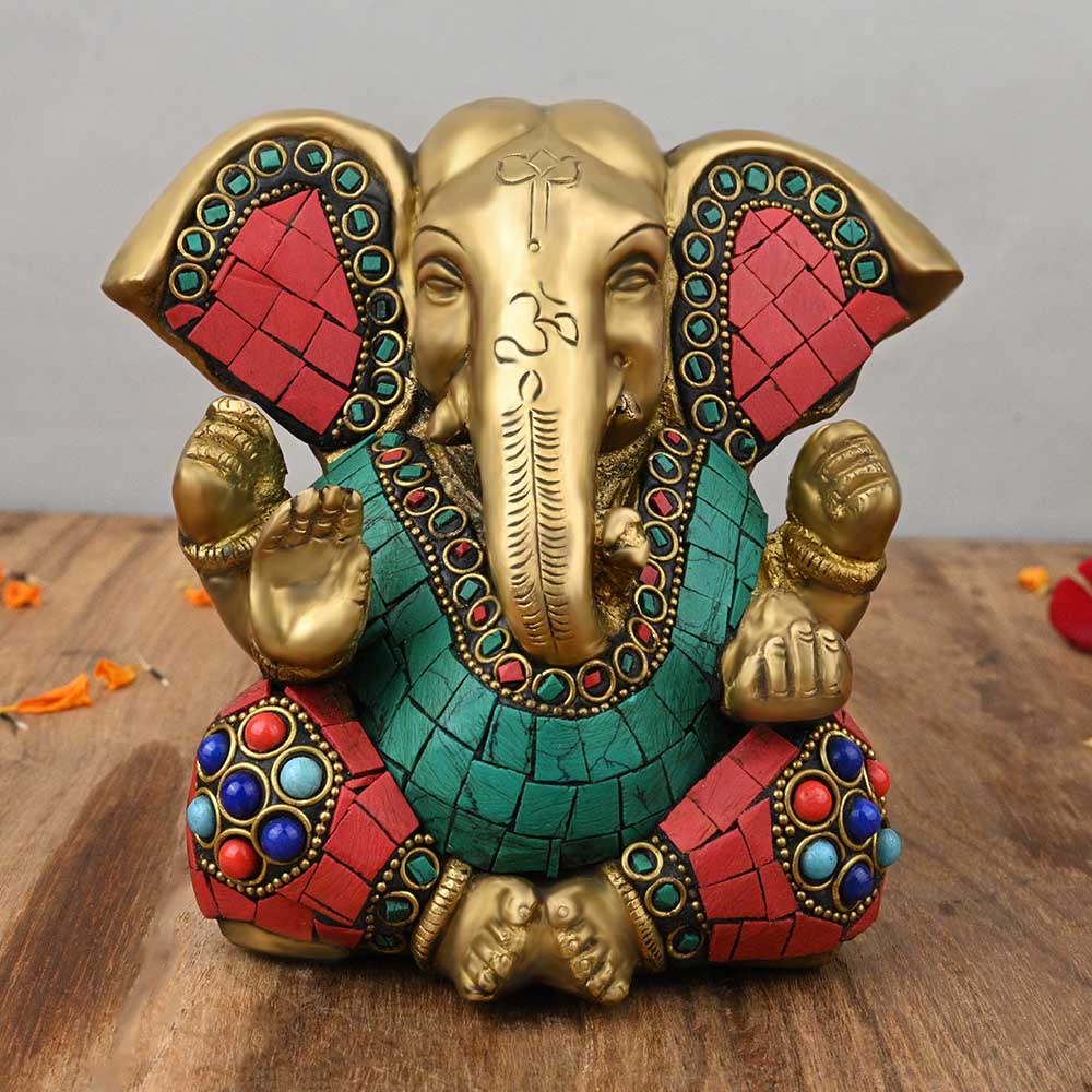 Ganesha with Multicolour Studded Stone Work Brass Idol