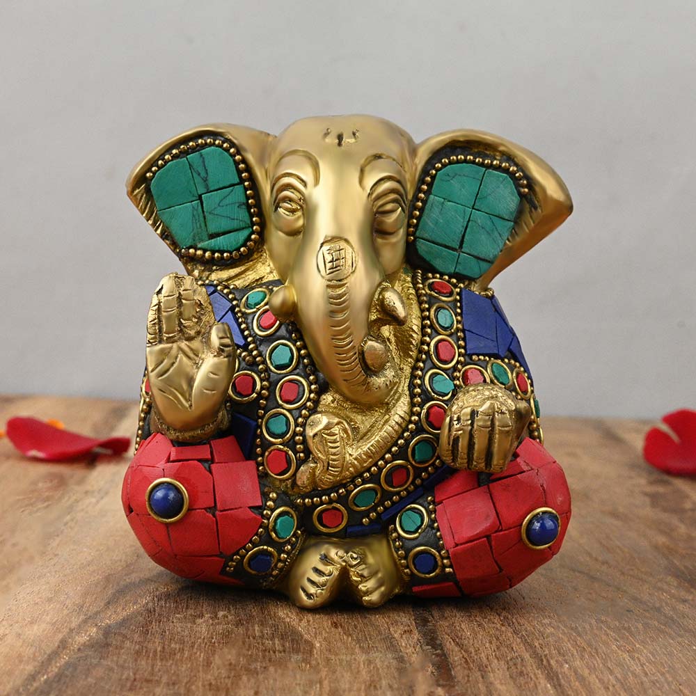Lord Ganesh Multicolour Studded Stone Work Brass Idol