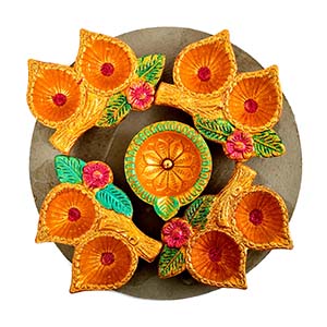 Decorative Earthern Lamps Set Of 5 Flower Design