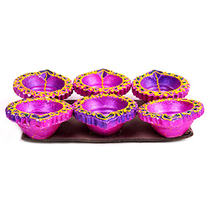 Purple Colour Painted Diwali Earthen Diyas Set Of 6