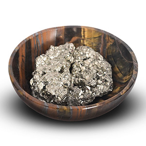 Pyrite Stone Cluster in Tiger Eye Bowl