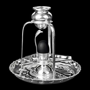 Pure Silver Abhishekam Set And Yone Base With Black Narmada Lingam