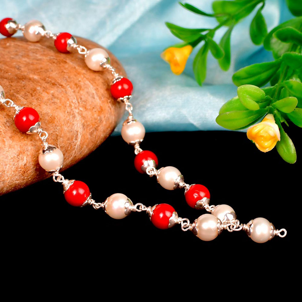 Pearl (Moti) & Coral 925 Silver Flower Caps Mala