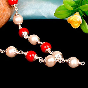 Pearl (Moti) & Coral 925 Silver Flower Caps Mala