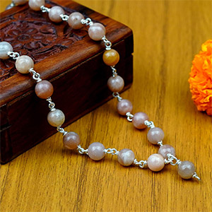 Sunstone Round 925 Silver Wire Mala
