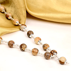Picture Jasper 925 Silver Flower Caps Mala - 8 mm
