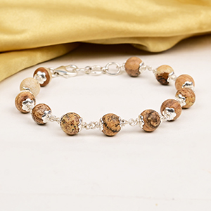 Picture Jasper 925 Silver Flower Caps Bracelet - 8 mm