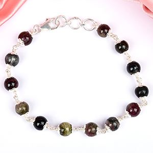 Multi Tourmaline 925 Silver Flower Caps Bracelet - 8 mm
