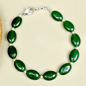 Green Onyx Oval Beads German Silver Balls Bracelet - 13 mm