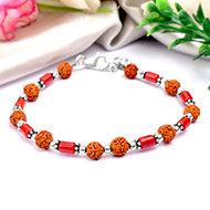 Cylindrical Coral with Rudraksha Beads Bracelet - I