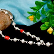 Pearl and Drum shape Coral mala in silver capping