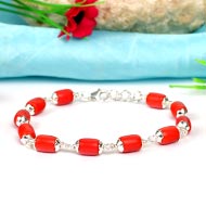 Cylindrical Coral Bracelet in pure silver flower caps - I