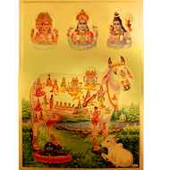 Trimurti with Gomatha Photo in Golden Sheet - Large