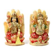 Divine Laxmi Ganesh on hand figurine in Yellow Jade