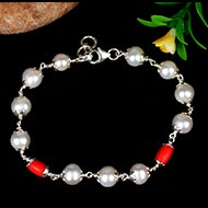 Pearl and Drum shaped Coral bracelet with Silver caping - I