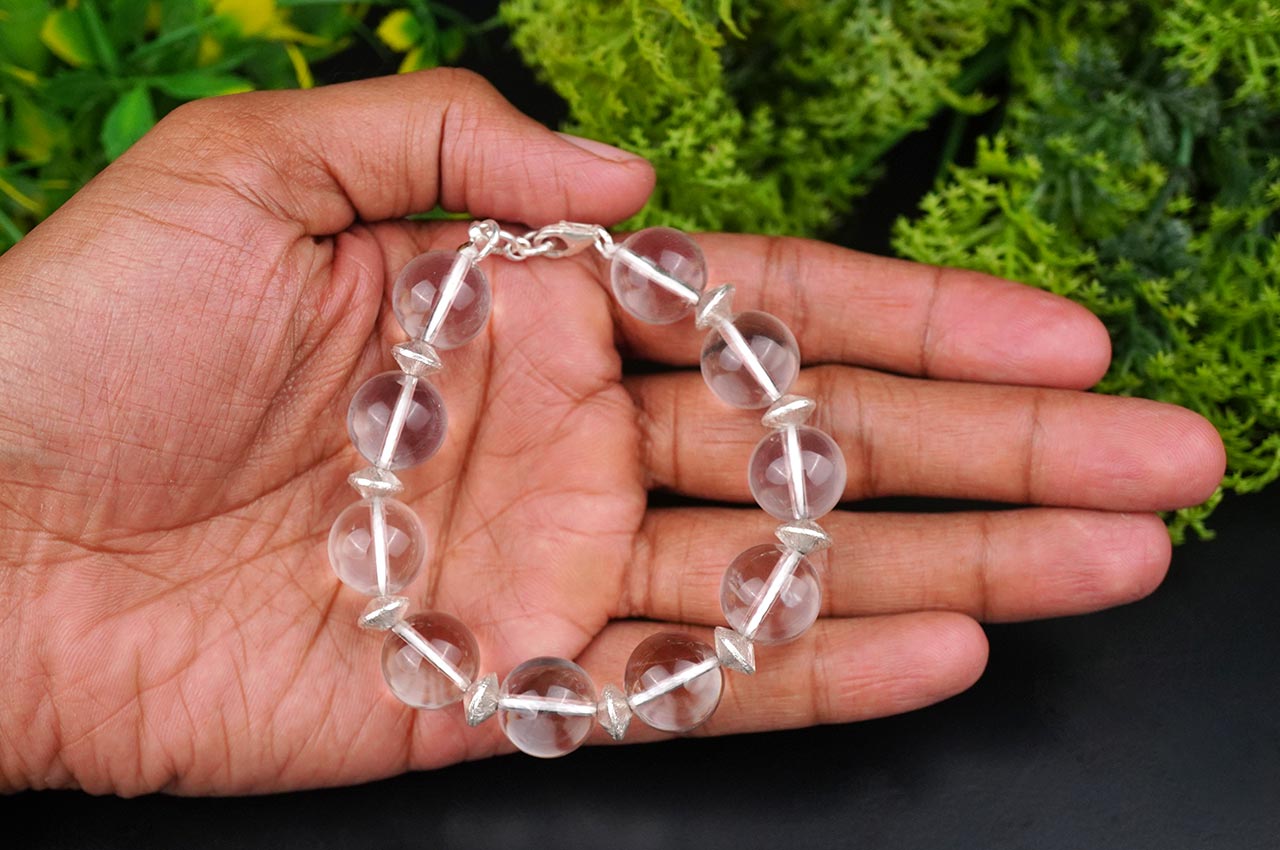 Round Sphatik Bracelet With Silver Balls & Hook