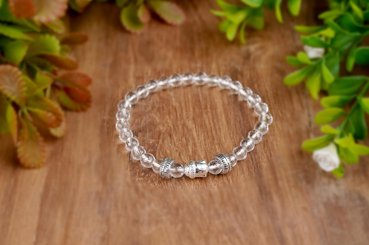 Round Faceted Sphatik Buddha Bracelet in Elastic